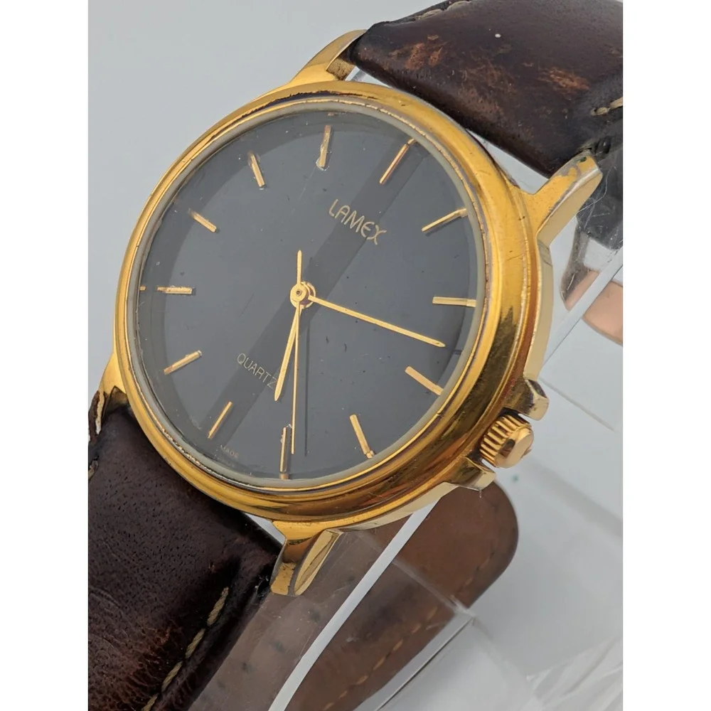 Lamex India 18k Gold Electroplated Watch Men 32mm Case Leather Band- New Battery